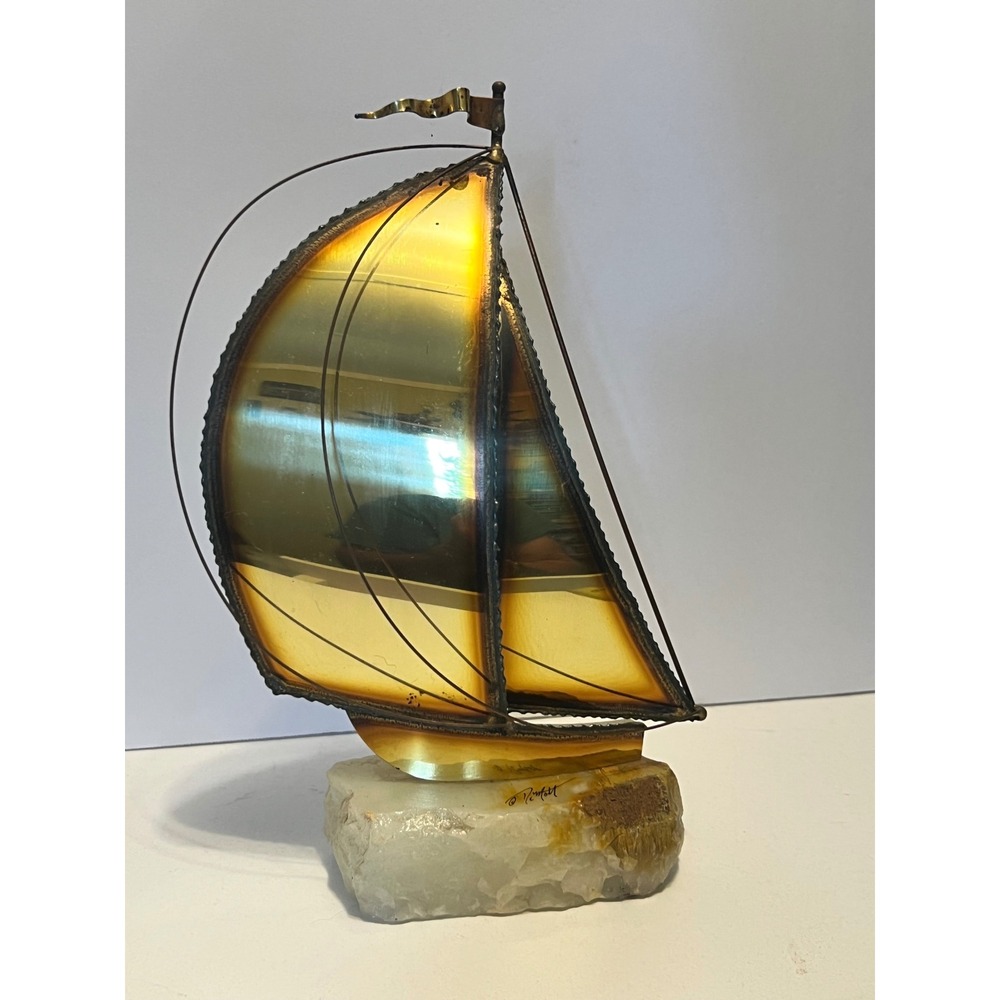 Vintage Signed DeMott Brass Sailboat Sculpture Alabaster Nautical Decor